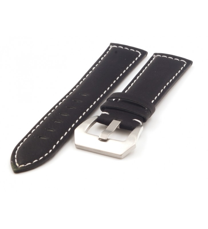 Pasek do zegarka skórzany  TZ-03.01W 18-24 mm czarny matowy z białym przeszyciem