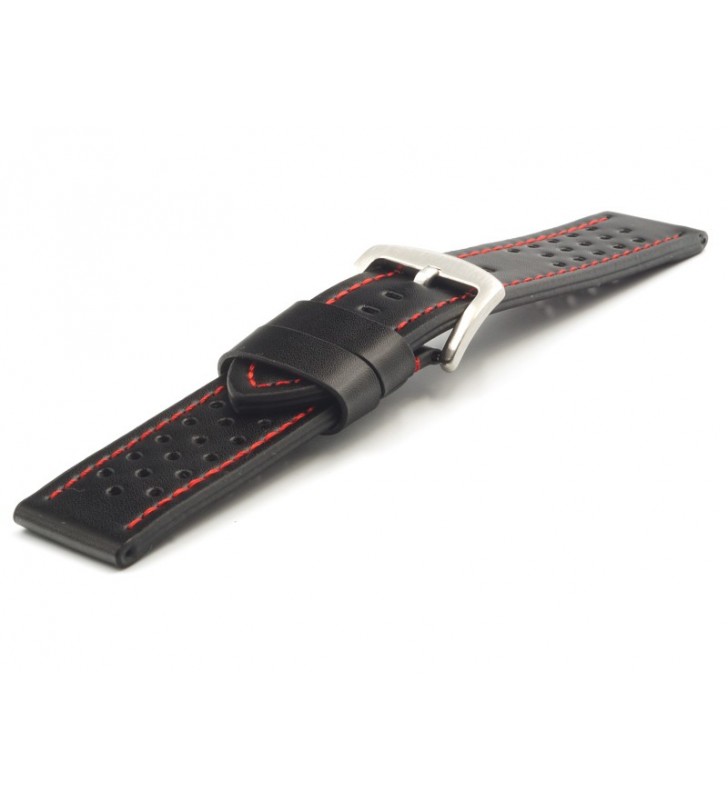 Pasek do zegarka skórzany perferowany z dziurkami pacyfic - pasek do zegarka sportowego - czarny pasek z czerwonym przeszyciem